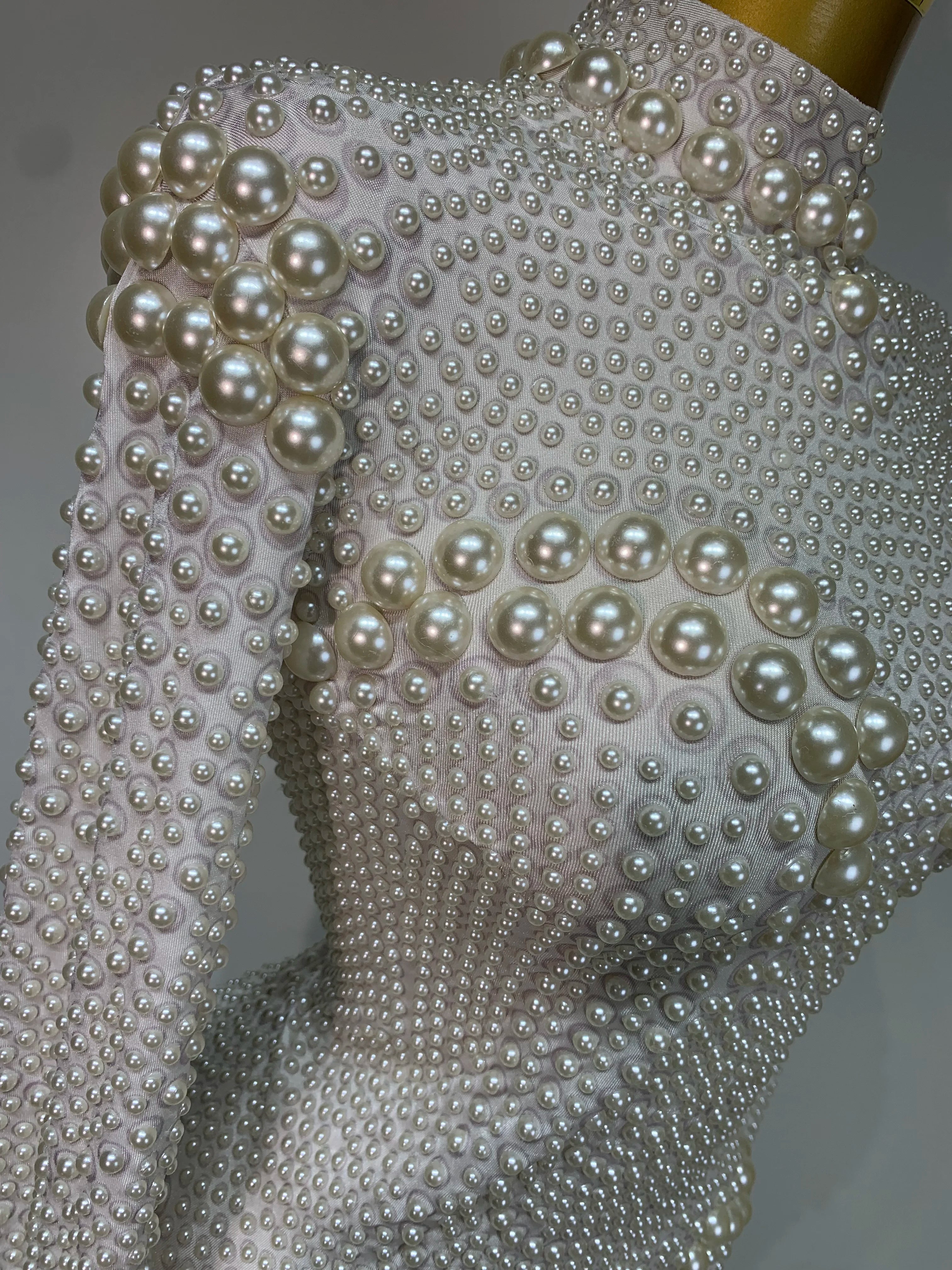Luxury Pearl Long Sleeve Spandex Stretch Bodysuit Evening Stage Performance Costume