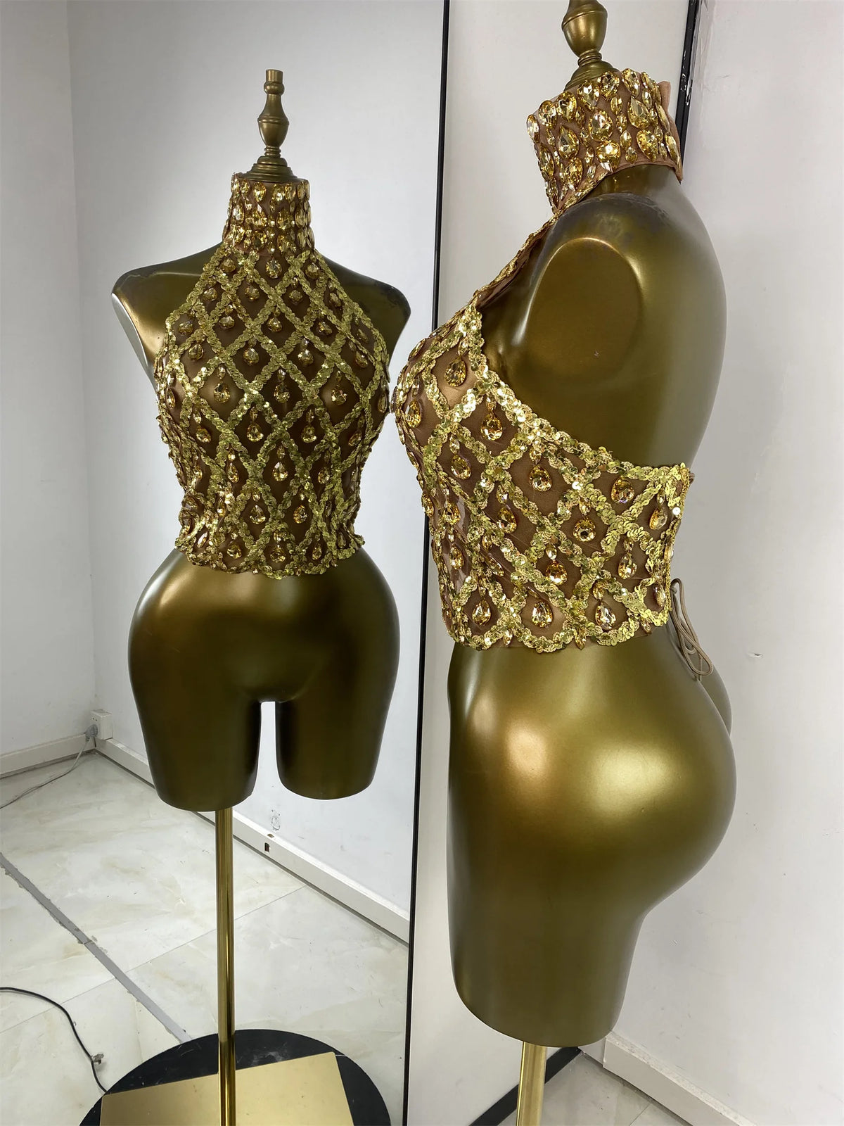 Sparkly Rhinestones Sequins Mesh Laced-Up Back Top