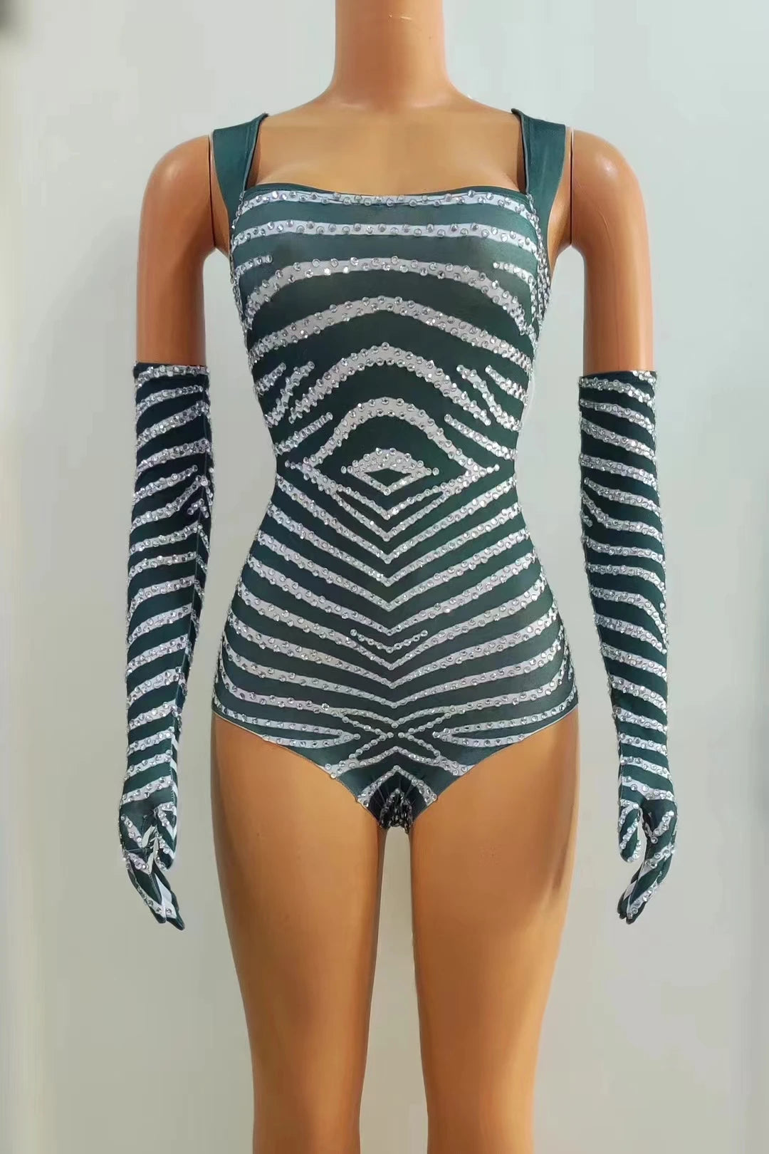 Chevron Striped Rhinestone Bodysuit & Matching Long Gloves 2-Piece Stage Costume Set