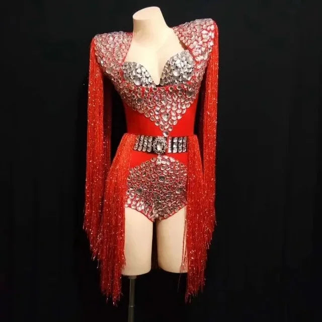 Sparkly Crystal Rhinestone & Tassel Fringe Bodysuit Costume Set with Bra & Belt