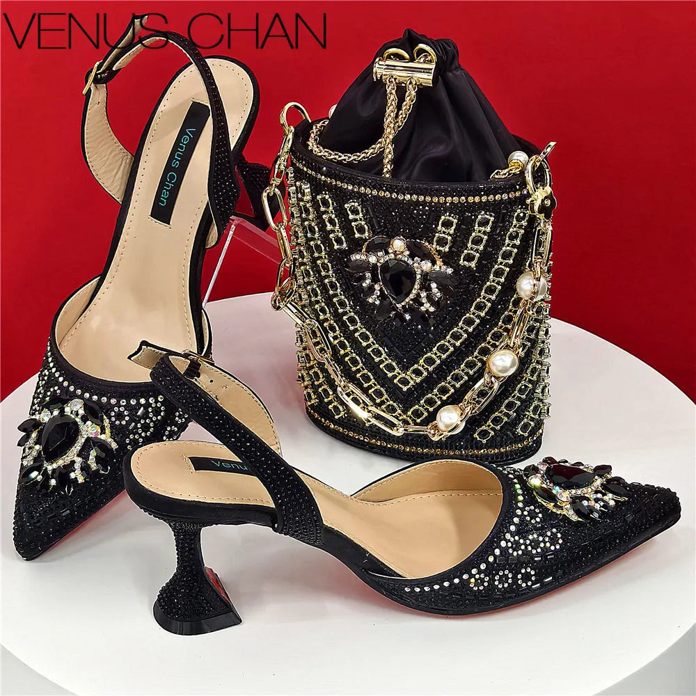 Shoes and Bag Set With Rhinestone Handbag