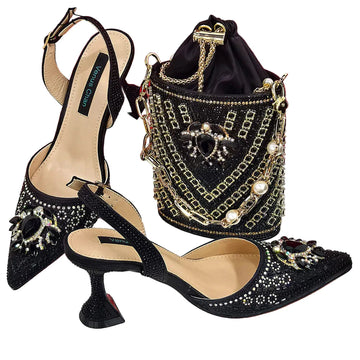 Women Shoes and Bag Set With Rhinestone Handbag