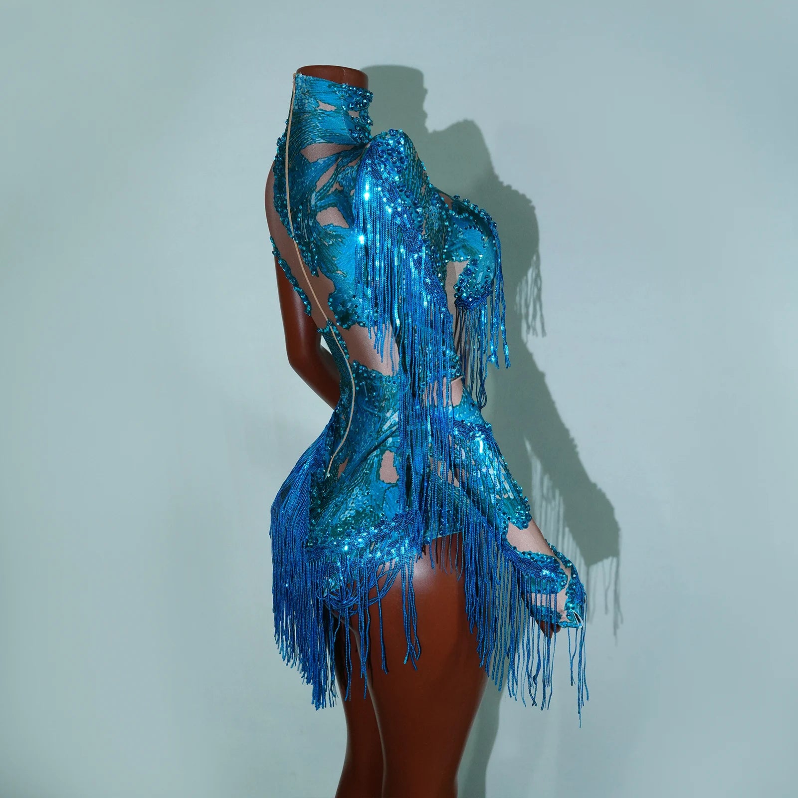 Leopard Sequin Fringe Asymmetrical Bodysuit One-Sleeve Stage Performance Costume