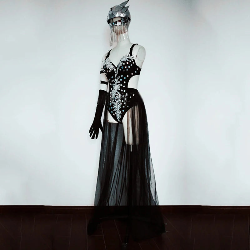 Silver Mirror Sequin Bodysuit & Dramatic Train Skirt Gogo Stage Costume Set