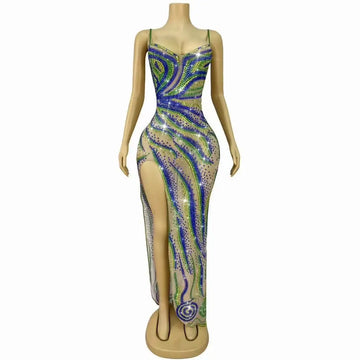 Sparkly Green Rhinestone Strip Split Maxi Dress Sheer Mesh Stage Performance Costume