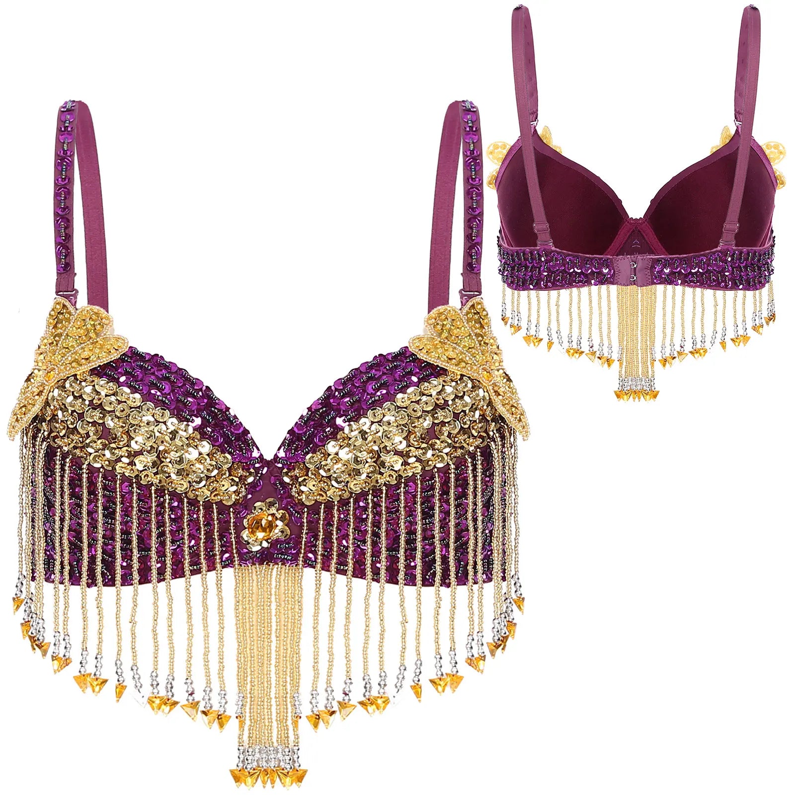 Sparkly Floral Beaded Sequin Belly Dance Bra & Tassel Performance Top