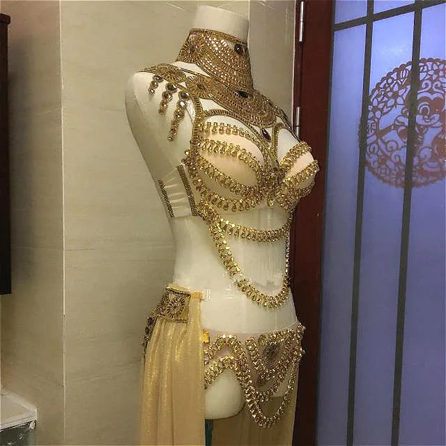 Women's Rhinestone Bikini & Long Trailing Skirt Set | Singer Host Stage Costume for Catwalk & Performance