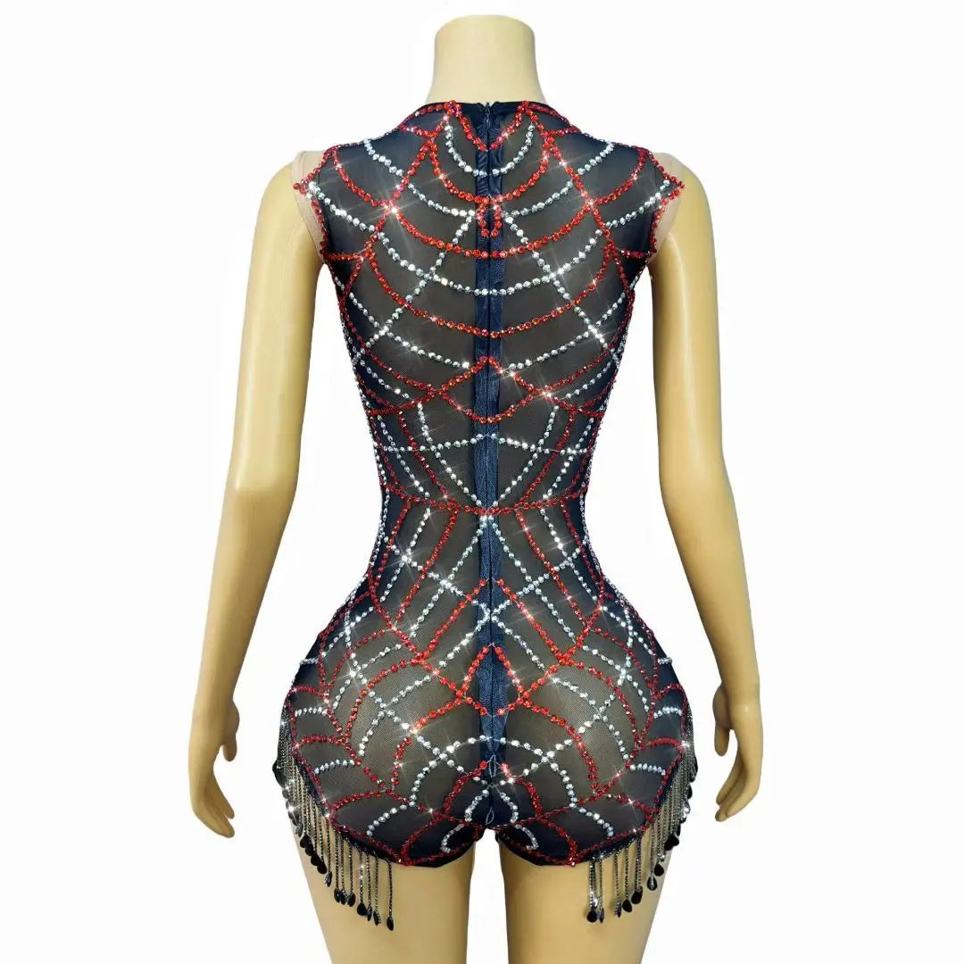 Sparkly Black Mesh Rhinestone Sheer Illusion Bodysuit Stage Performance Costume