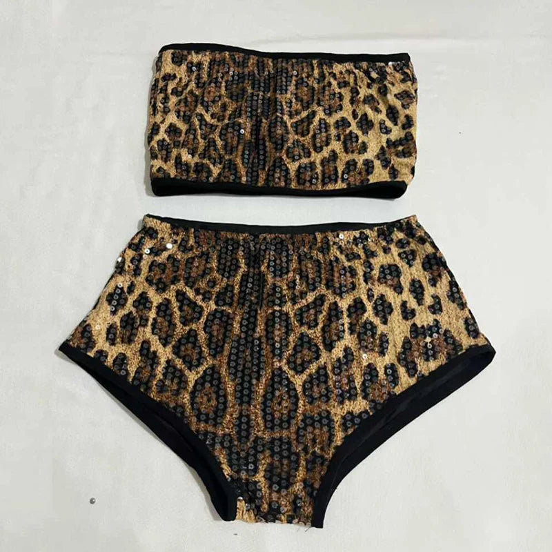 Sequined Top & High-Waist Leopard Print Shorts 2-Piece Gogo Dance Set