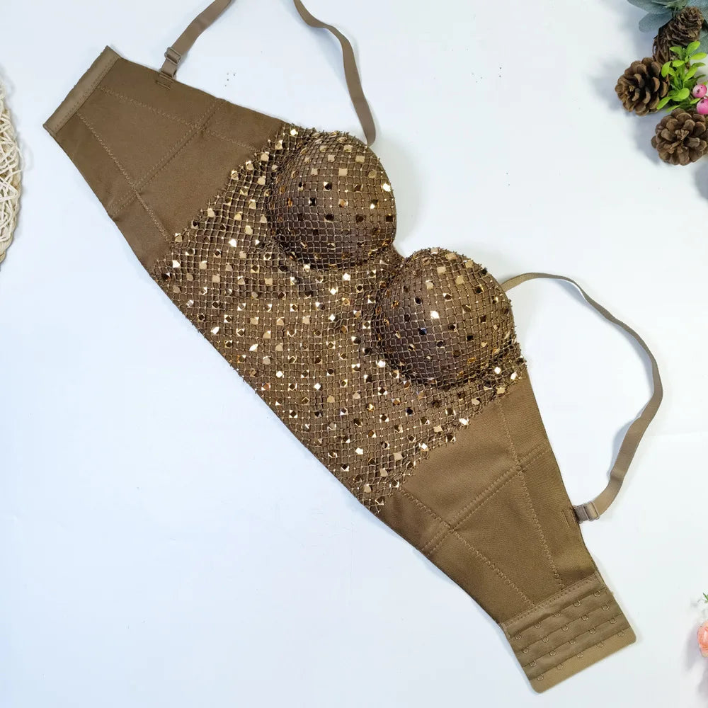 Diamond Mesh Studded Bustier Corset Crop Top High Street Evening Bralette