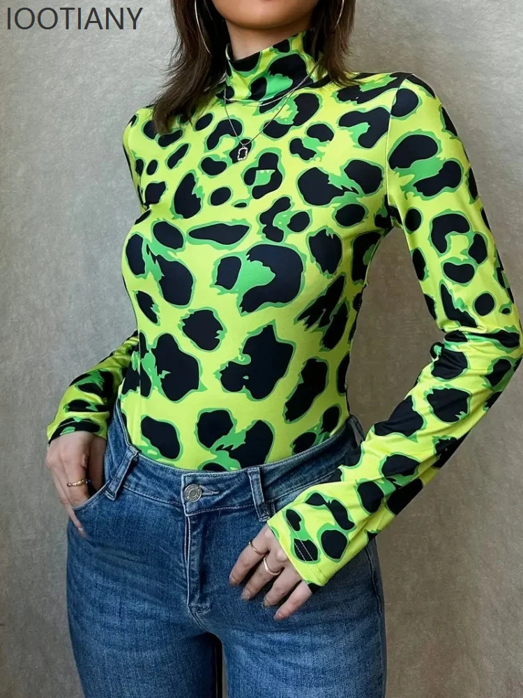 Neon Green Leopard Print Long Sleeve Bodysuit Sexy Stand Collar Stage Wear