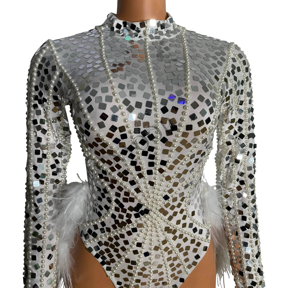 Sparkly Silver Sequin Pearl & White Feather Bodysuit 2-Piece Set Stage Performance Costume