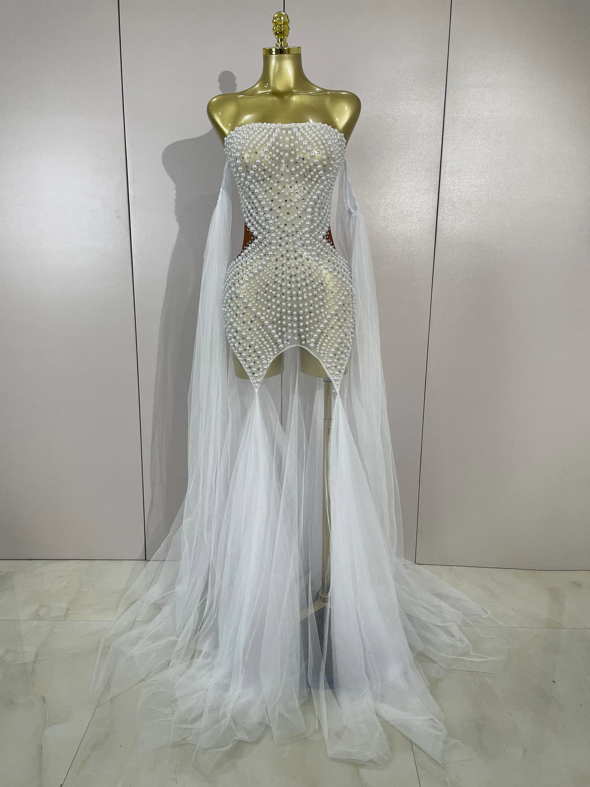 Luxury Birthday Evening Party Dress Elegant Sparkly Rhinestone Pearl Sexy Strapless Mesh Long Dress Prom Wedding Guest Gowns