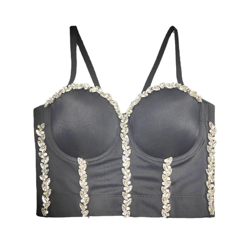Crystal Chain Strap Bustier Corset Crop Top Hook-and-Eye Stage Bralette