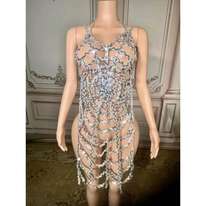 Women's Silver Crystal Rhinestone Mermaid Dress | See-Through Sequin Gown for Prom, Wedding & Party
