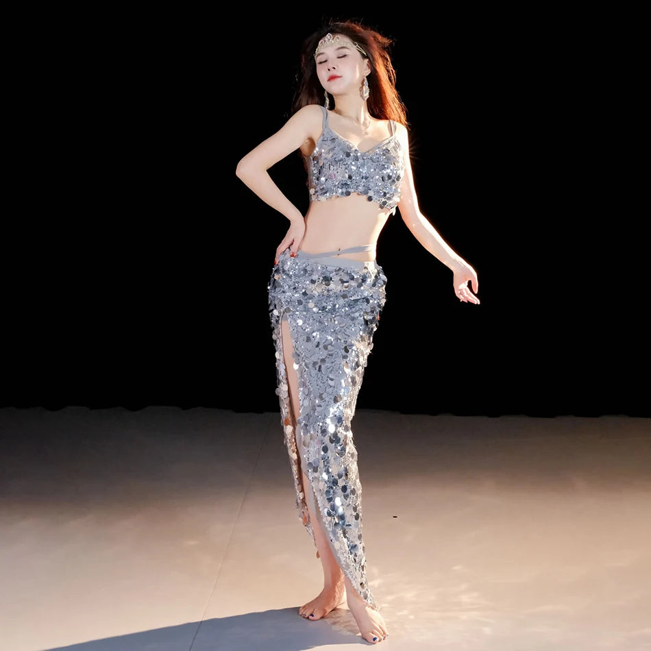 Sequin Oriental Belly Dance Top & Flowing Skirt 2-Piece Performance Set
