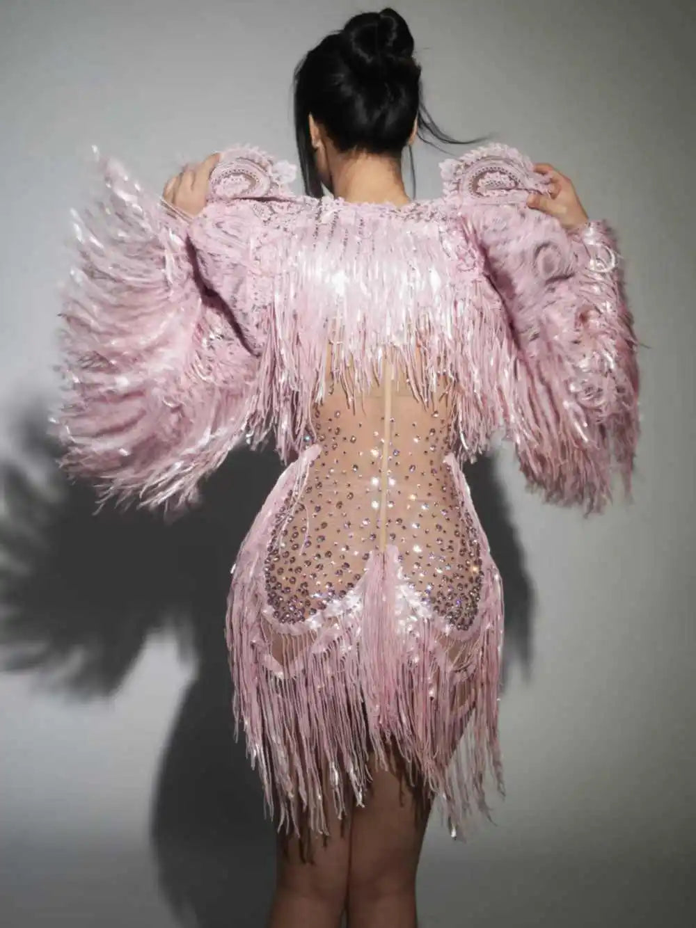 Rhinestone Sequin Fringe Mini Dress & Feather Shawl 2-Piece Stage Costume Set