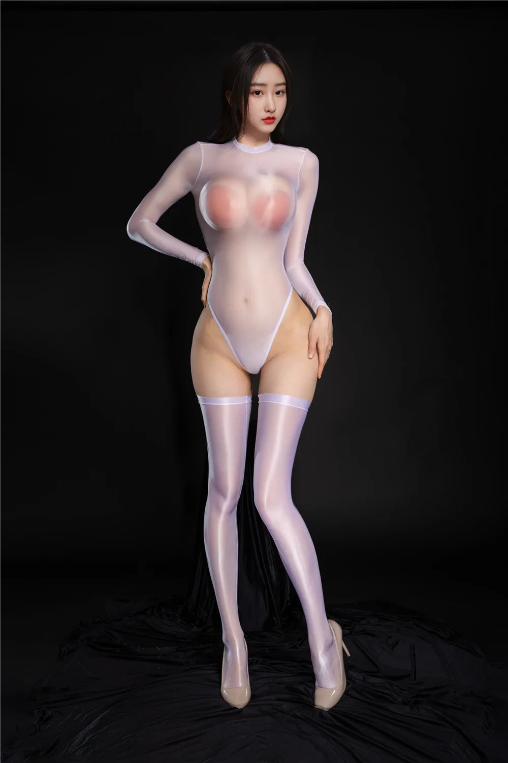 Oil Glossy High-Cut Open Crotch Shaping Bodysuit & Matching Stockings Set