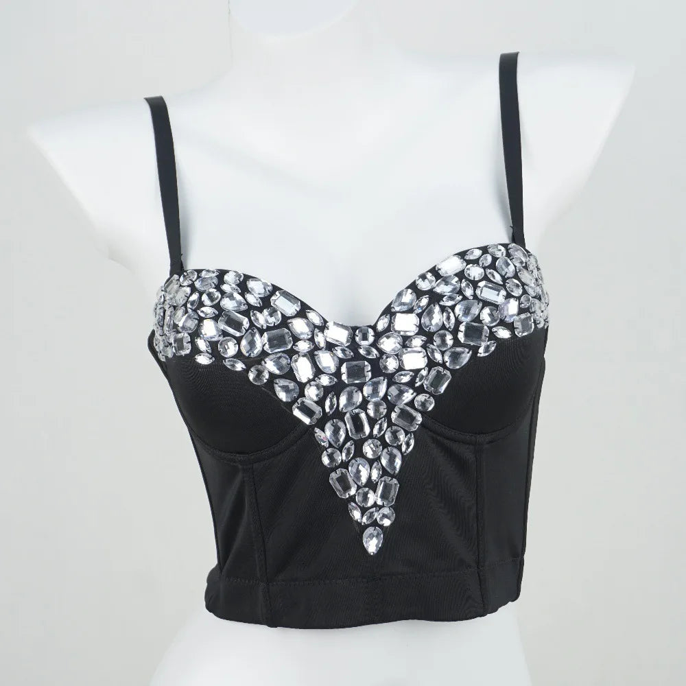 Black Crystal Bustier Corset Crop Top Beaded Stage Costume Evening Bralette