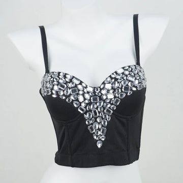 Black Crystal Bustier Corset Crop Top Beaded Stage Costume Evening Bralette