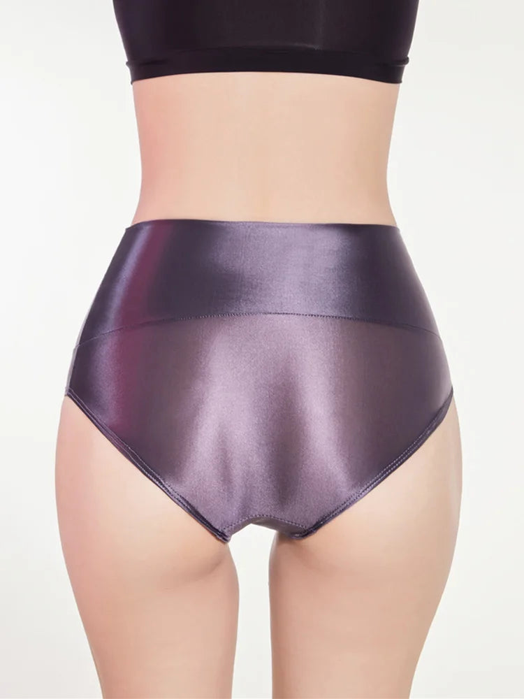 Sexy Sheer See Through High Waist Briefs Elastic Underwear Oil Glossy Shiny G-string Satin Smooth T-Back Push Up Hip Thong