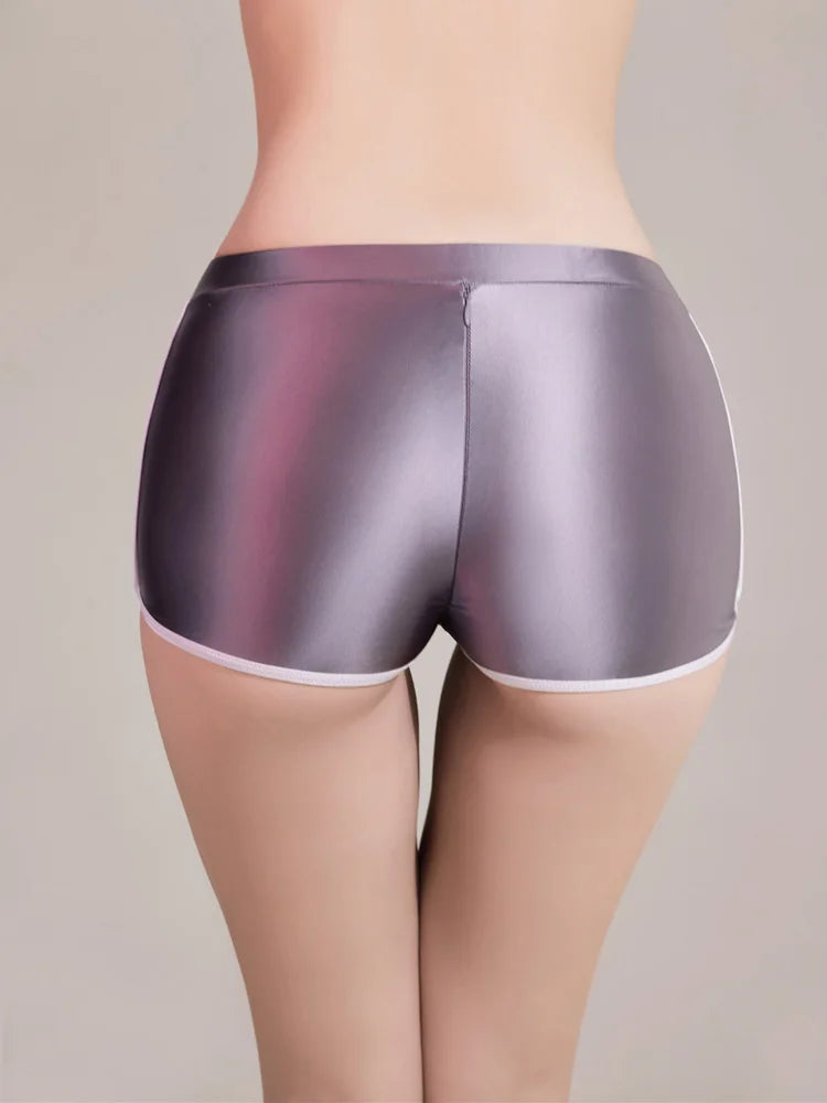 Sexy Women Zipper Open Crotch Yoga Elasitc Shorts Stain Smooth Oil Glossy Shiny Tight Casual See Through Beachwear Fitness Short