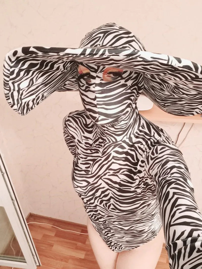 Zebra Stripe Cutout Bodysuit & Statement Big Hat 2-Piece Stage Dance Costume Set