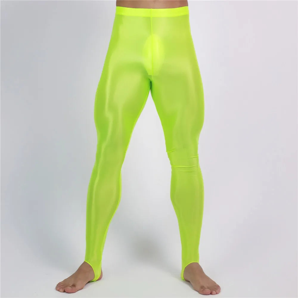Men's Slim Tights Pencil Pants Stain Smooth  Oil Glossy Shiny Elastic Yoga Leggings Sheer See Through Full Pants Plus Size
