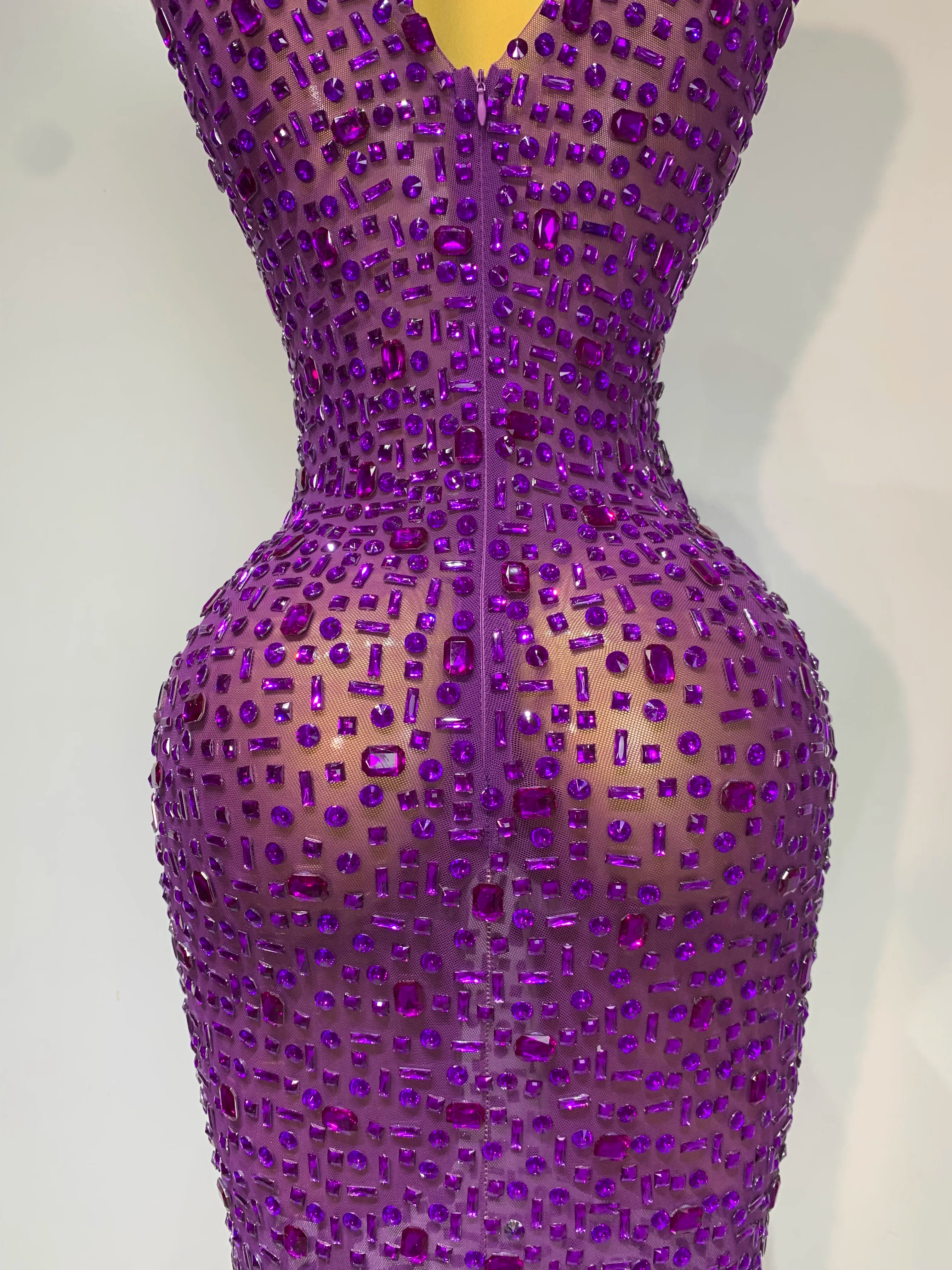 Sparkly Rhinestone Sleeveless Maxi Long Dress See-Through Sheer Mesh Stage Outfit