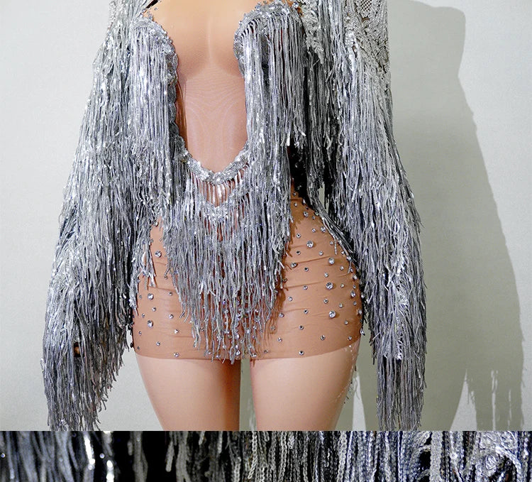 Rhinestone Tassel Fringe Jacket And Dress Costume Set