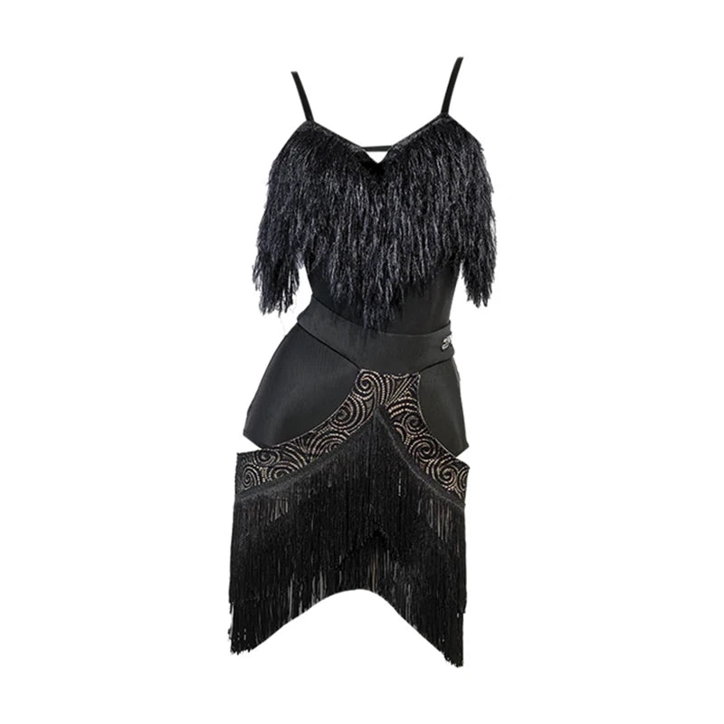 Black Fluffy Dance Leotard & Fringe Practice Skirt Latin Performance Costume Set