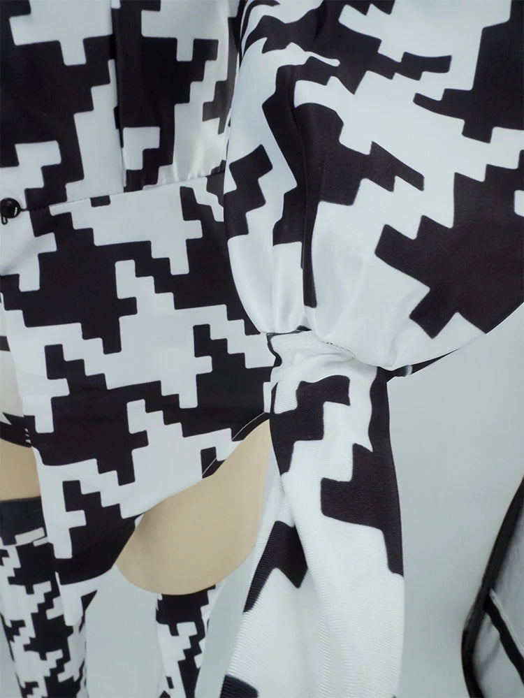 Houndstooth Geometric Print Bodysuit, Over-Knee Boots & Statement Hat 3-Piece Stage Costume Set
