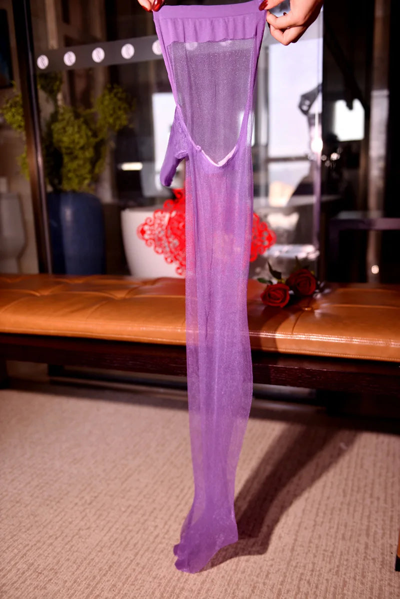 Sexy Men Oil Gloosy See Through U Convex Pouch Stockings Penis Open Close Sleeve Stockings Sheer Shiny Pantyhose Tight Plus Size