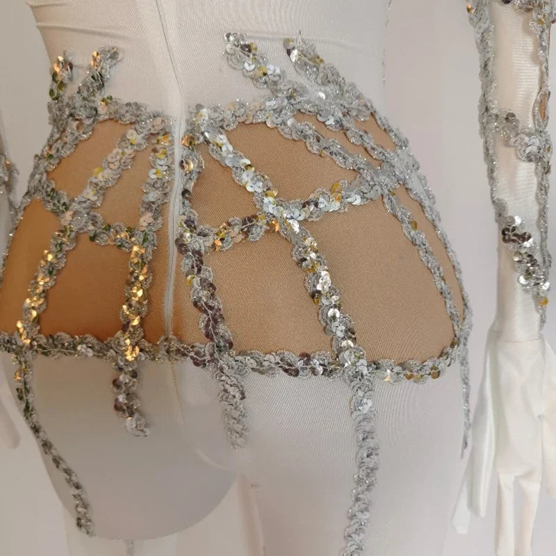 White Sequin Stretch Performance Jumpsuit