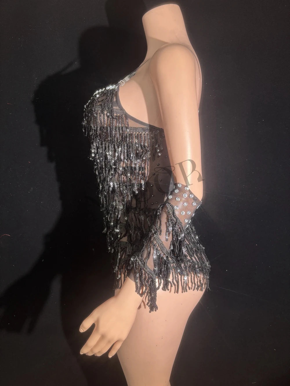 Sparkly Black Sequin & Rhinestone Tassel Bodysuit with Gloves Stage Costume
