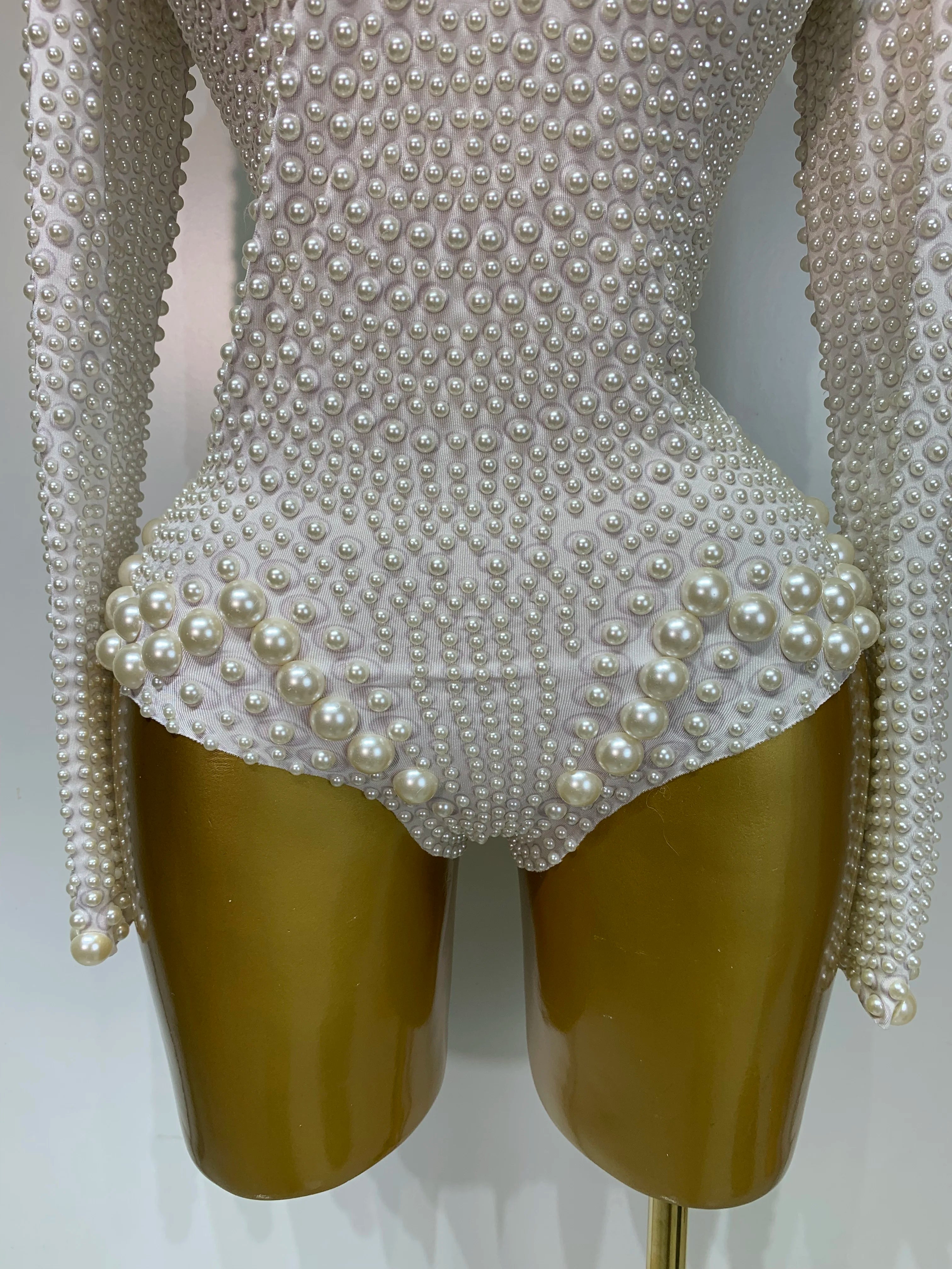 Luxury Pearl Long Sleeve Spandex Stretch Bodysuit Evening Stage Performance Costume