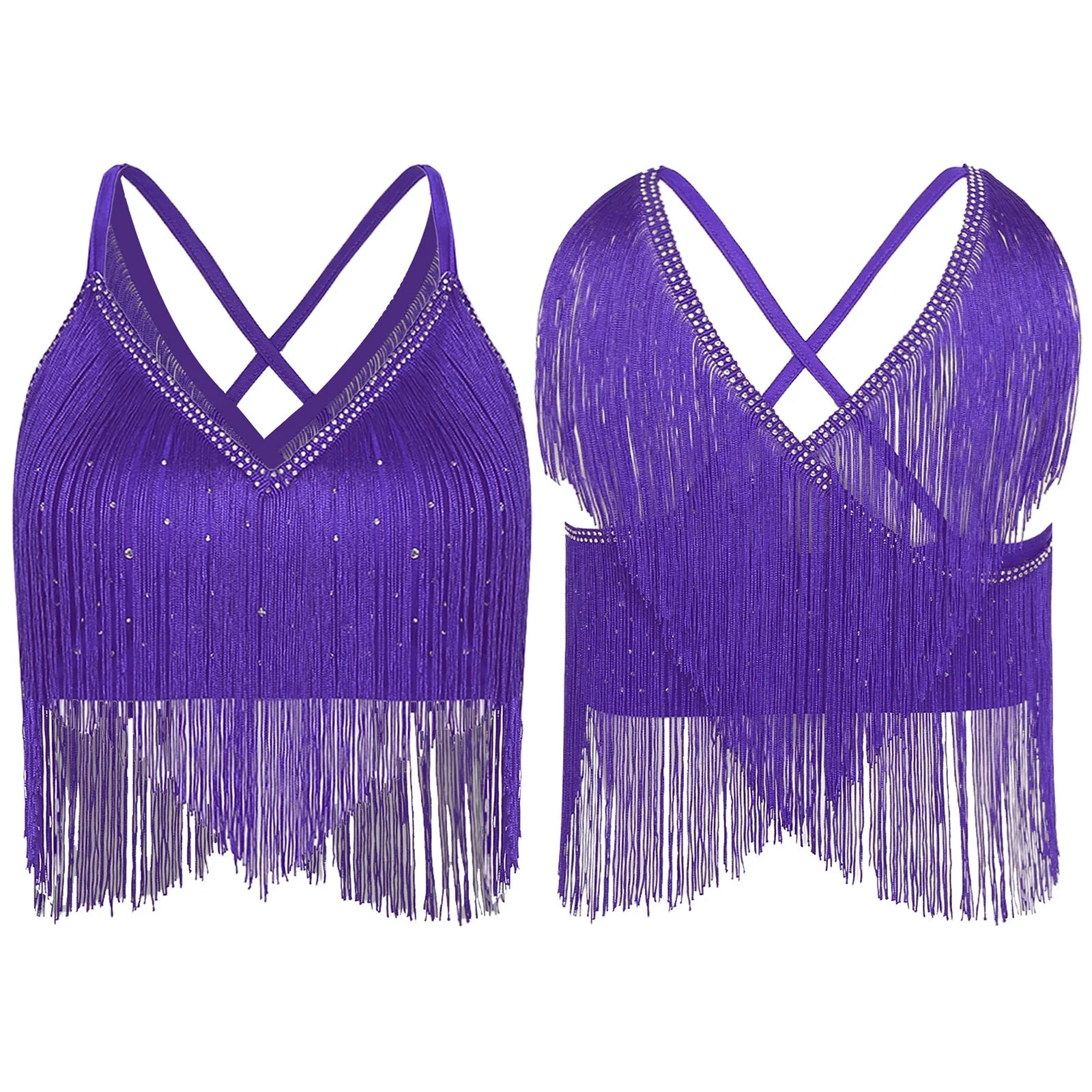 V-Neck Crisscross Back Tassel Fringe Crop Top Latin Salsa Dance Costume