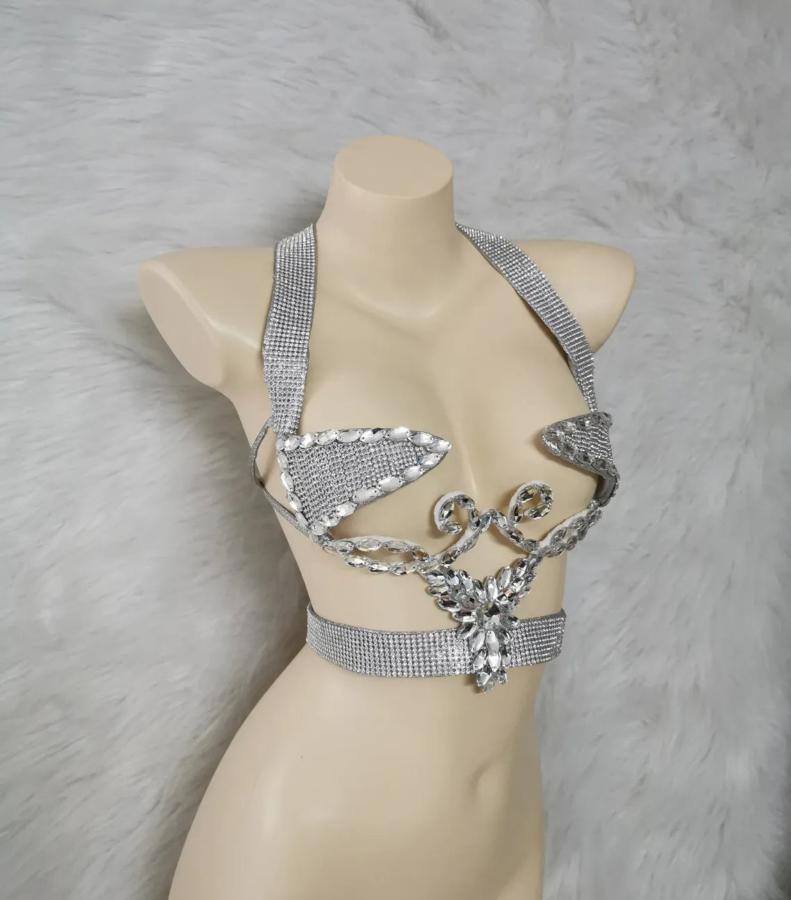Sparkly Silver Carnival Rhinestone Wire Bra Festival Push-Up Dance Top
