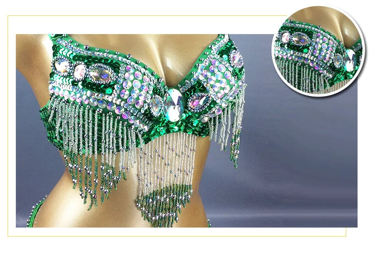 Dazzling Beaded & Sequined Belly Dance Bra & Belt 2-Piece Costume Set