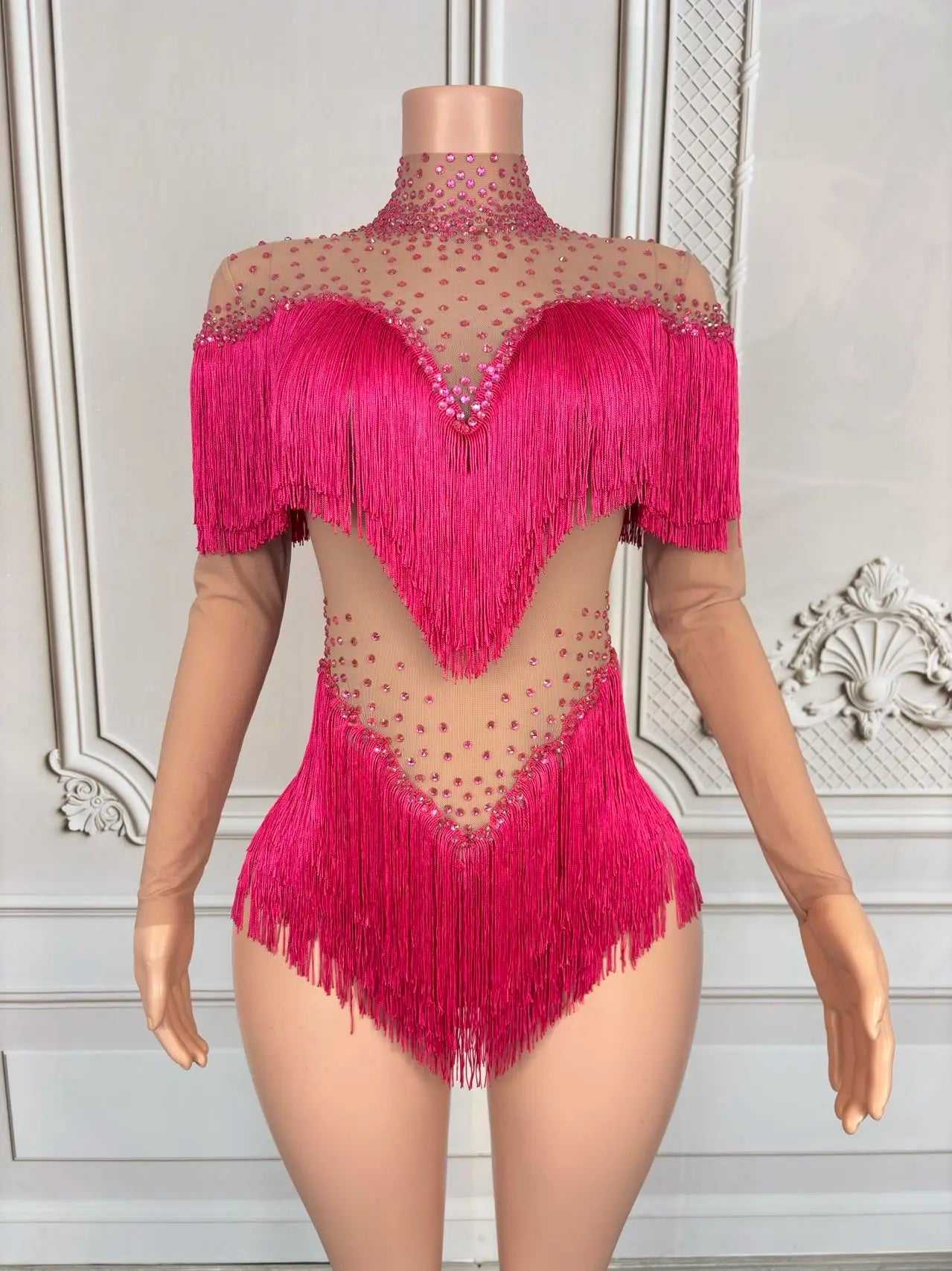 Sparkly Rhinestone Tassel Fringe Dance Performance Costume Stage Bodysuit