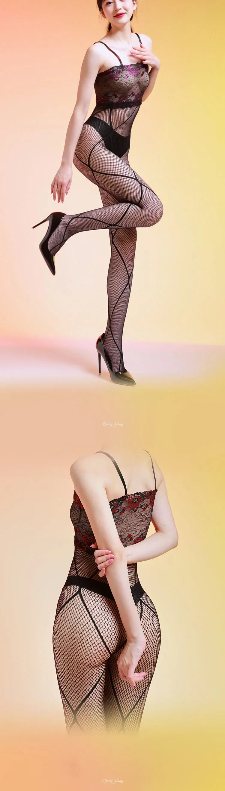 Sexy Women Strap Mesh Sheer Jumpsuit Strap Bandage Lace Printing Bodysuit Woman High Elastic Tights Open Crotch Maid Leotard