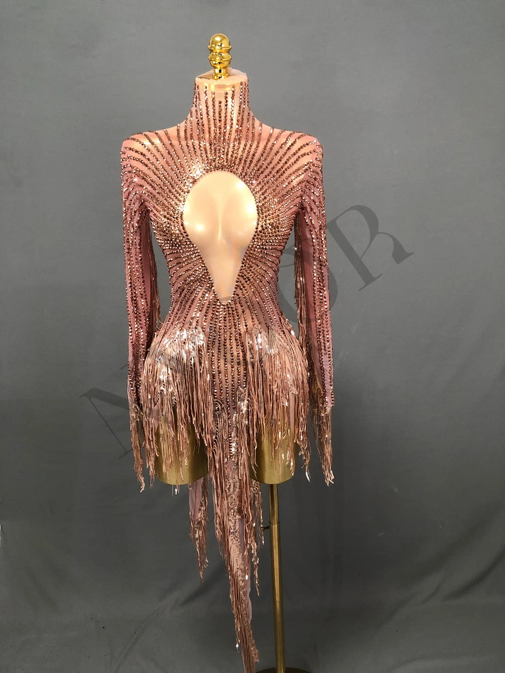 Gold Crystal Fringe Illusion Mini Dress Sparkly Rhinestone Stage Dance Costume