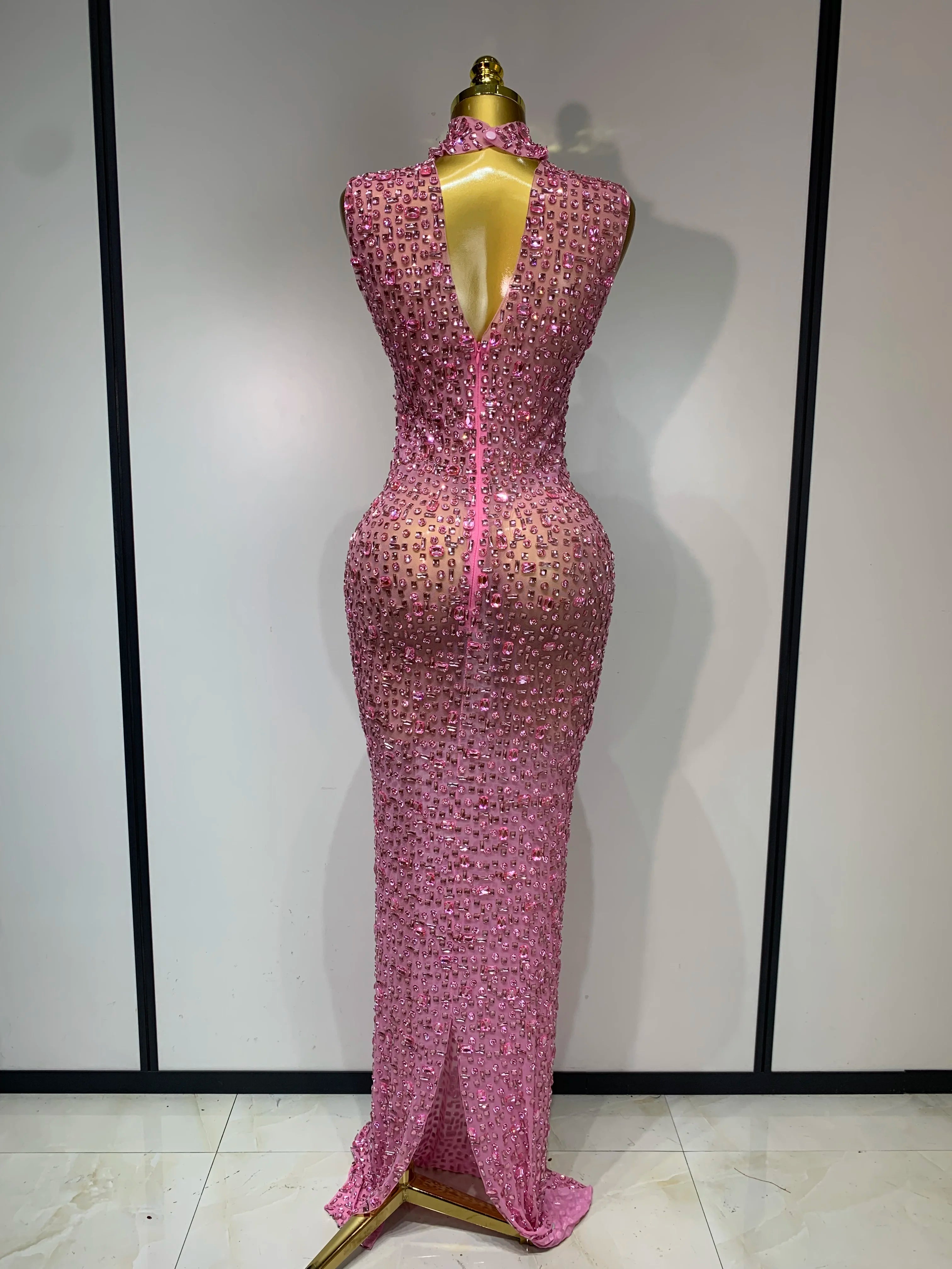 Sparkly Rhinestone Sleeveless Maxi Long Dress See-Through Sheer Mesh Stage Outfit
