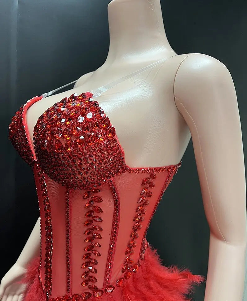 V-Neck Crystal Corset High-Low Feather Gown & Special Occasion Birthday Dress
