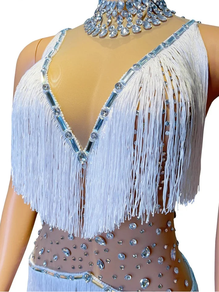 Silver Shattered Rhinestone Tassel Bodysuit Sheer Illusion Stage Jumpsuit