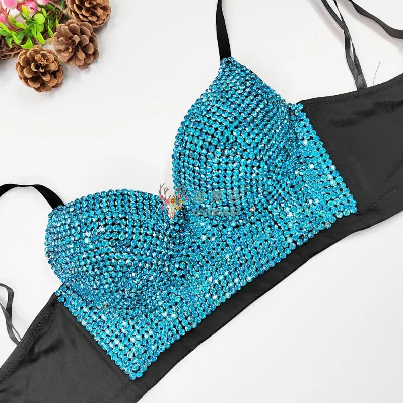 Colored Rhinestone Longline Costume Bra