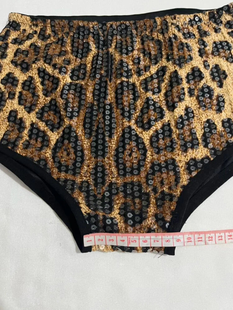 Sequined Top & High-Waist Leopard Print Shorts 2-Piece Gogo Dance Set
