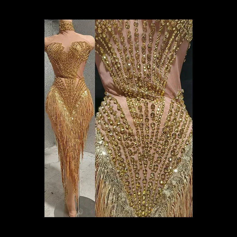 The Stardust Diamond Scallop Bodysuit – Luxury Rhinestone & Tassel Showgirl Costume