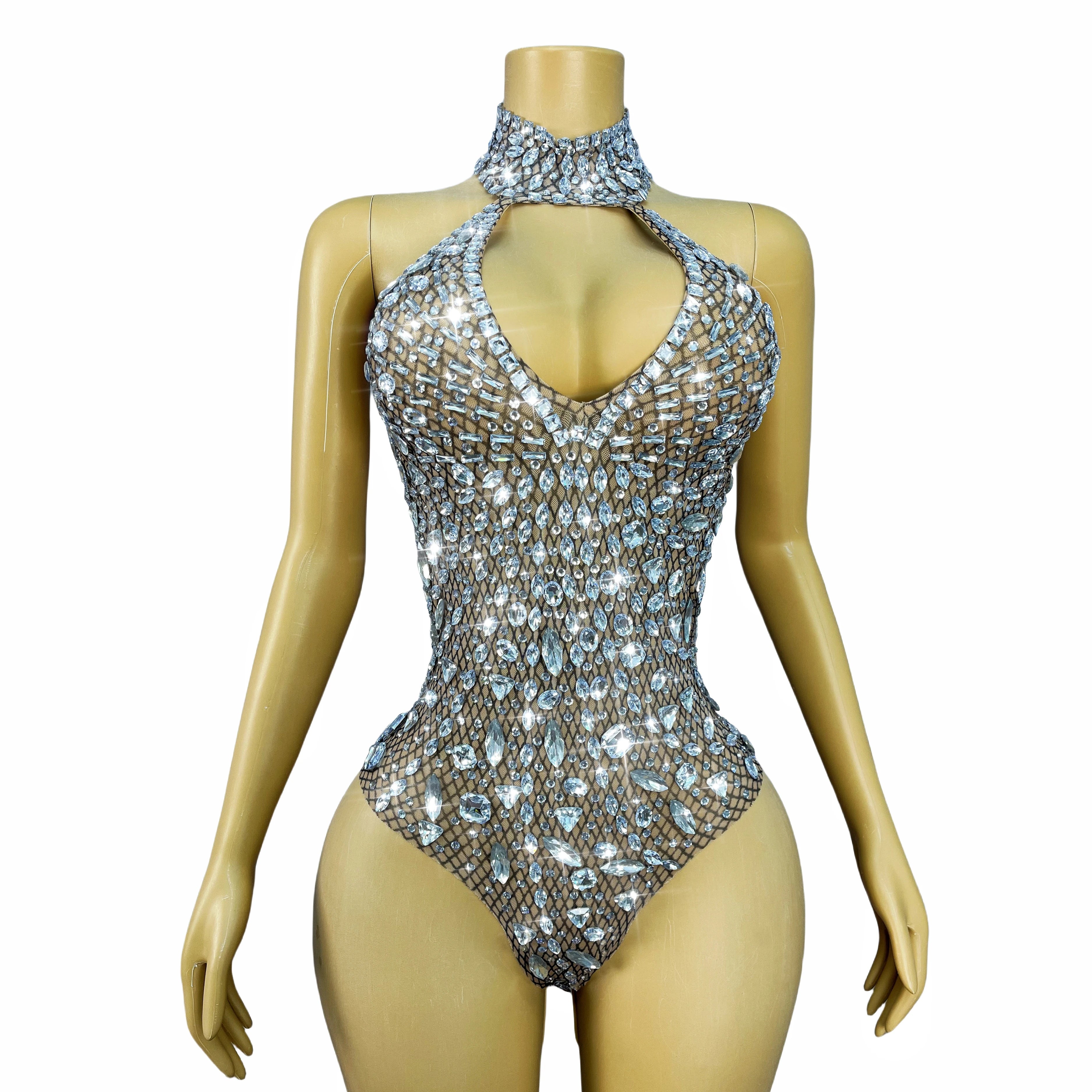 Silver Rhinestone High-Cut Backless Stage Bodysuit Dance Performance Leotard
