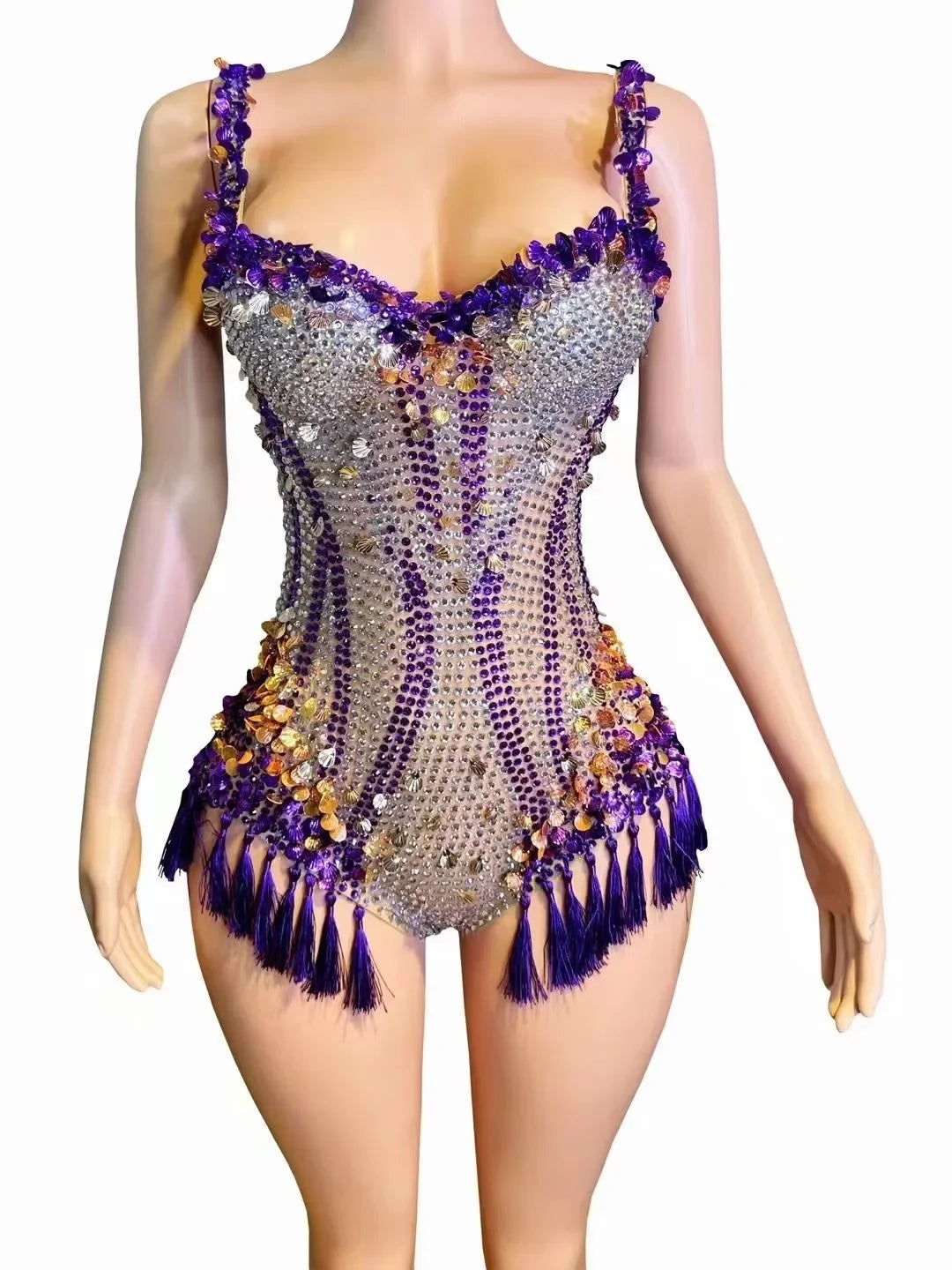 Sparkly Rhinestone & Tassel Fringe Bodysuit Stage Performance Costume